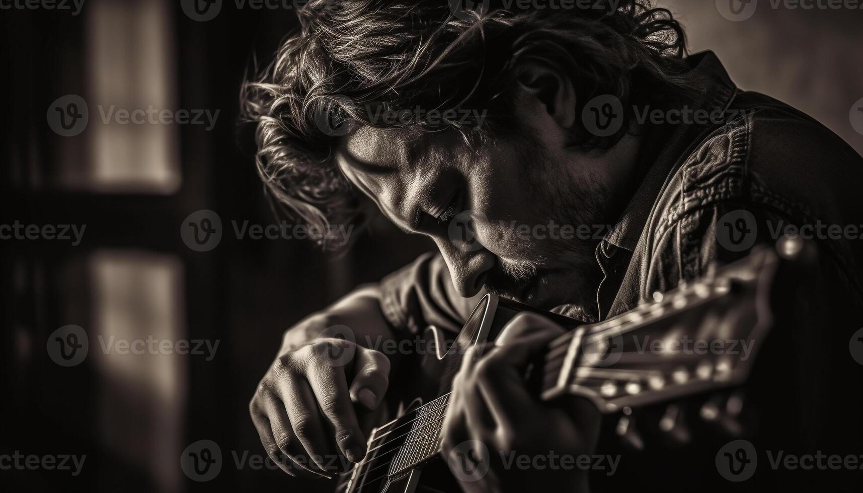 de geschoold musicus plukt de gitaar met elegant concentratie gegenereerd door ai foto