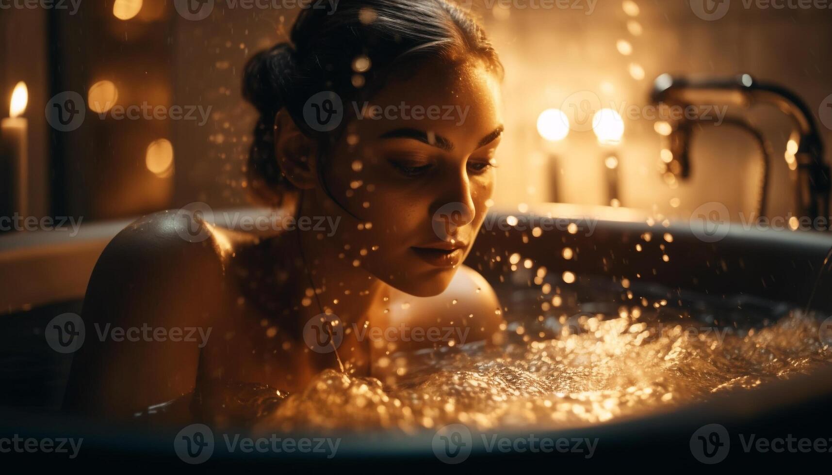 een jong volwassen vrouw geniet een luxueus spa bubbel bad gegenereerd door ai foto