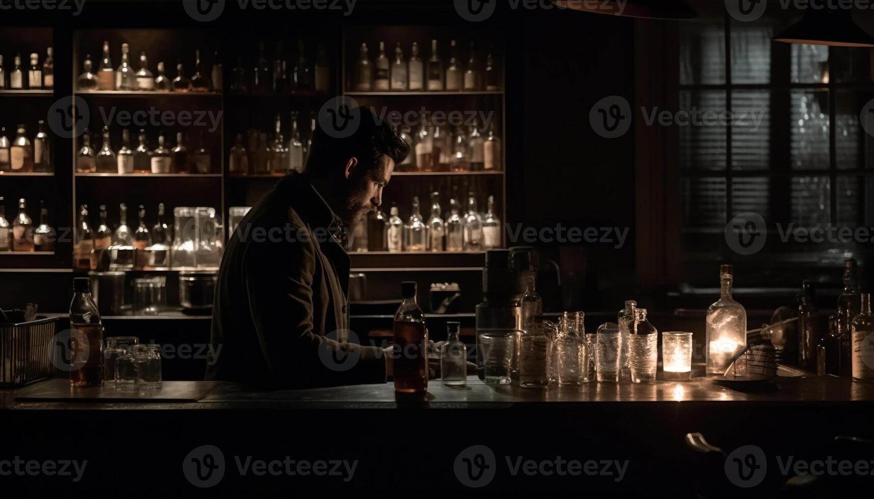 een Mens, een barman, werken donker bar, gieten whisky gegenereerd door ai foto
