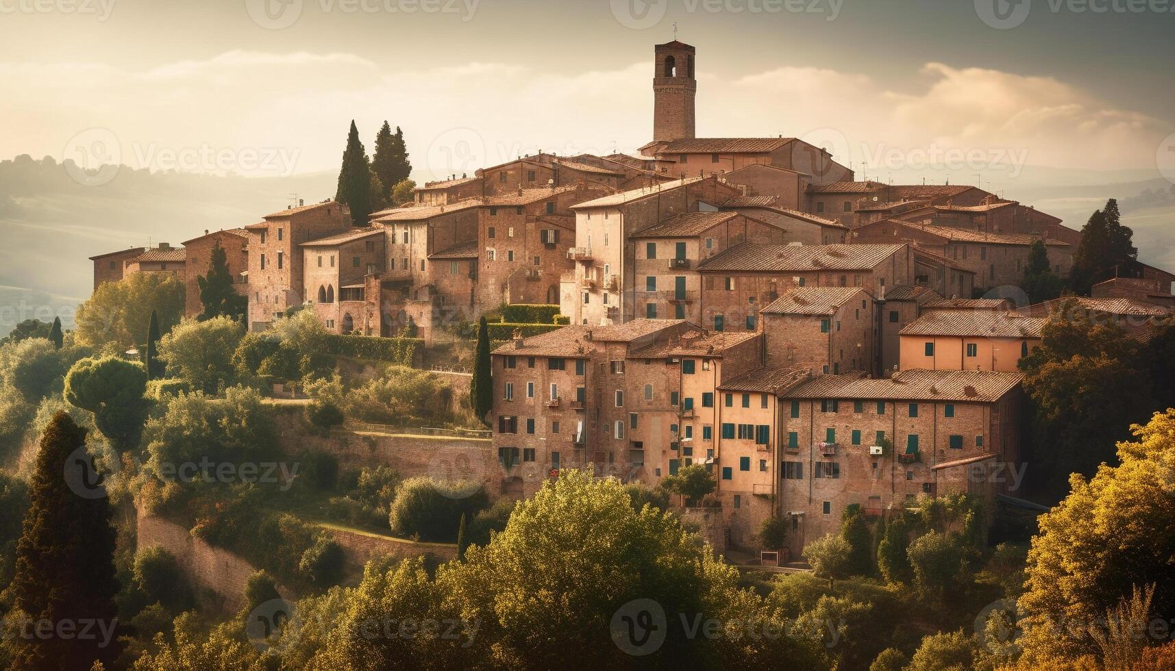 de oude kathedraal dak gloeit Bij zonsondergang in Italië gegenereerd door ai foto