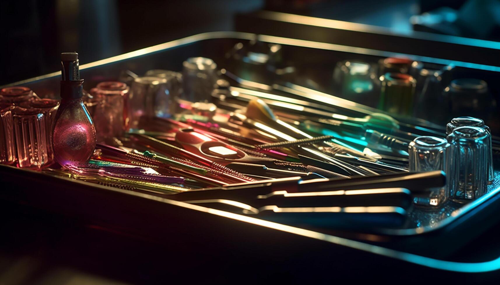 metalen gezondheidszorg uitrusting in een schoon, verlichte laboratorium werkplaats gegenereerd door ai foto