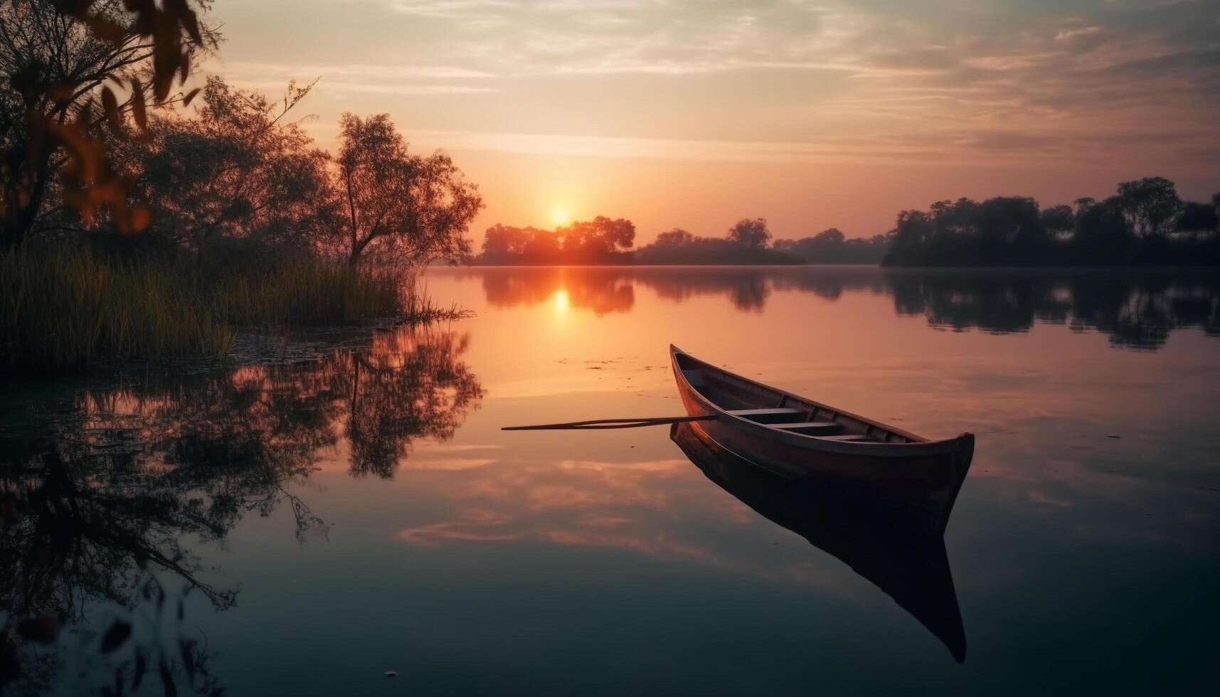 rustig tafereel van nautische vaartuig Aan vijver, terug lit door zonsondergang gegenereerd door ai foto