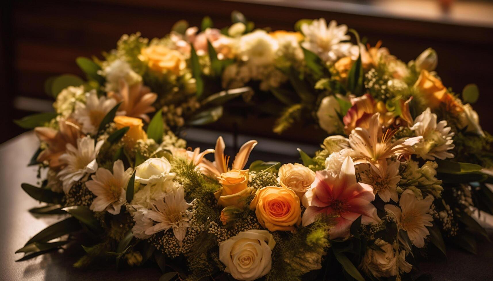 overladen boeket van multi gekleurde bloemen brengt elegantie naar bruiloft viering gegenereerd door ai foto