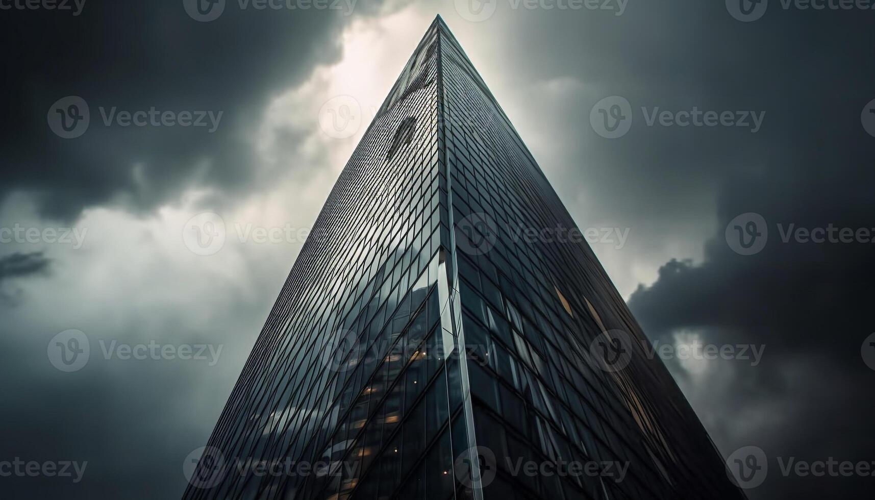 modern wolkenkrabber facade weerspiegelt humeurig stad leven in dramatisch schemer gegenereerd door ai foto