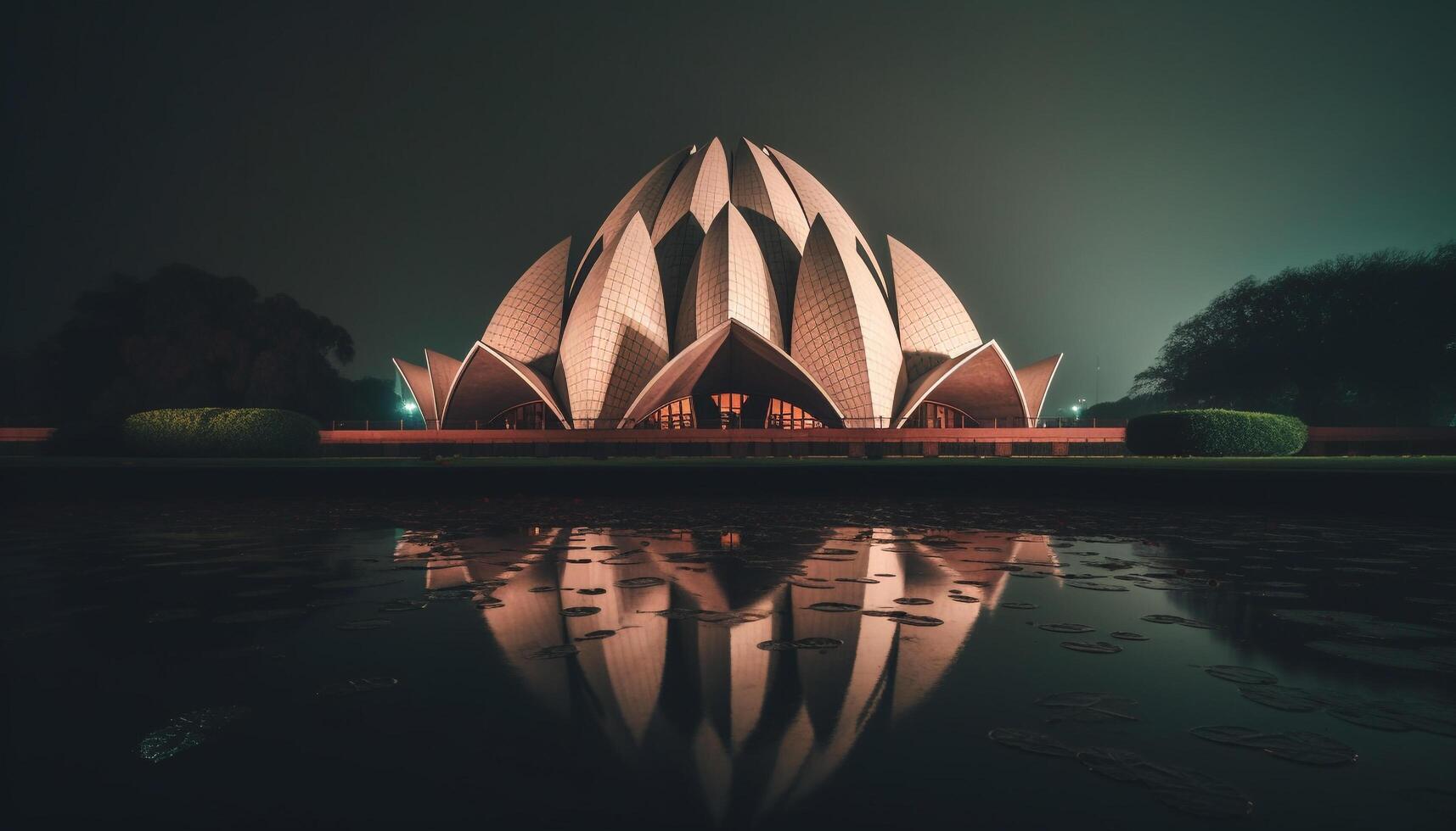 de verlichte architectuur van een beroemd plaats weerspiegelt Aan water gegenereerd door ai foto