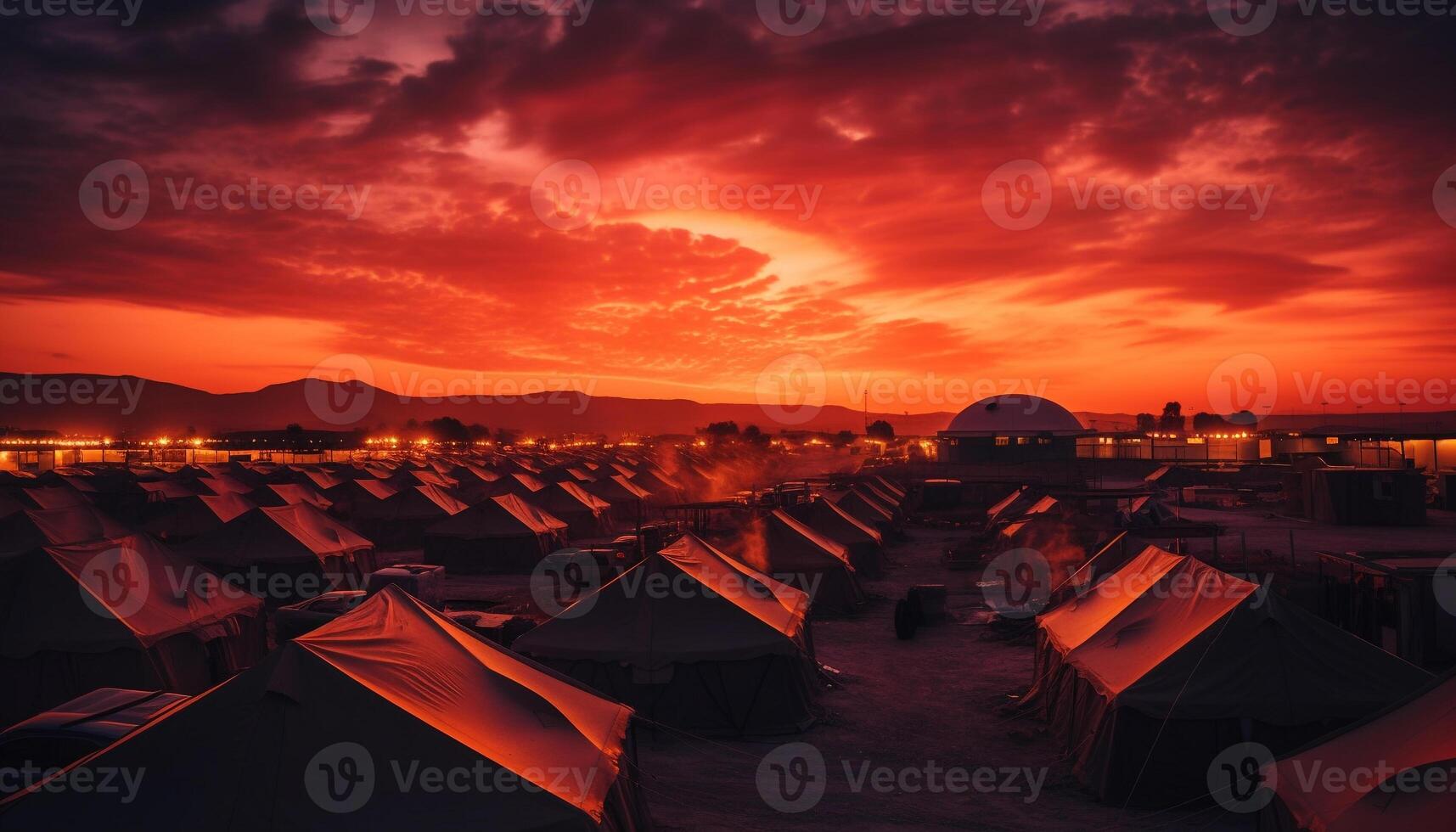 rustig zonsondergang over- berg reeks verlicht camping tent in natuur gegenereerd door ai foto