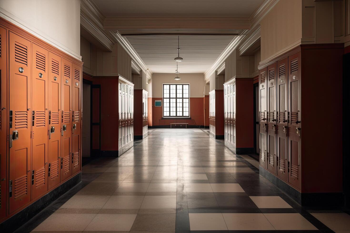 interieur van een school- gang met kluisjes, 3d veroorzaken, een leeg hoog school- gang interieur visie met kluisjes , ai gegenereerd foto