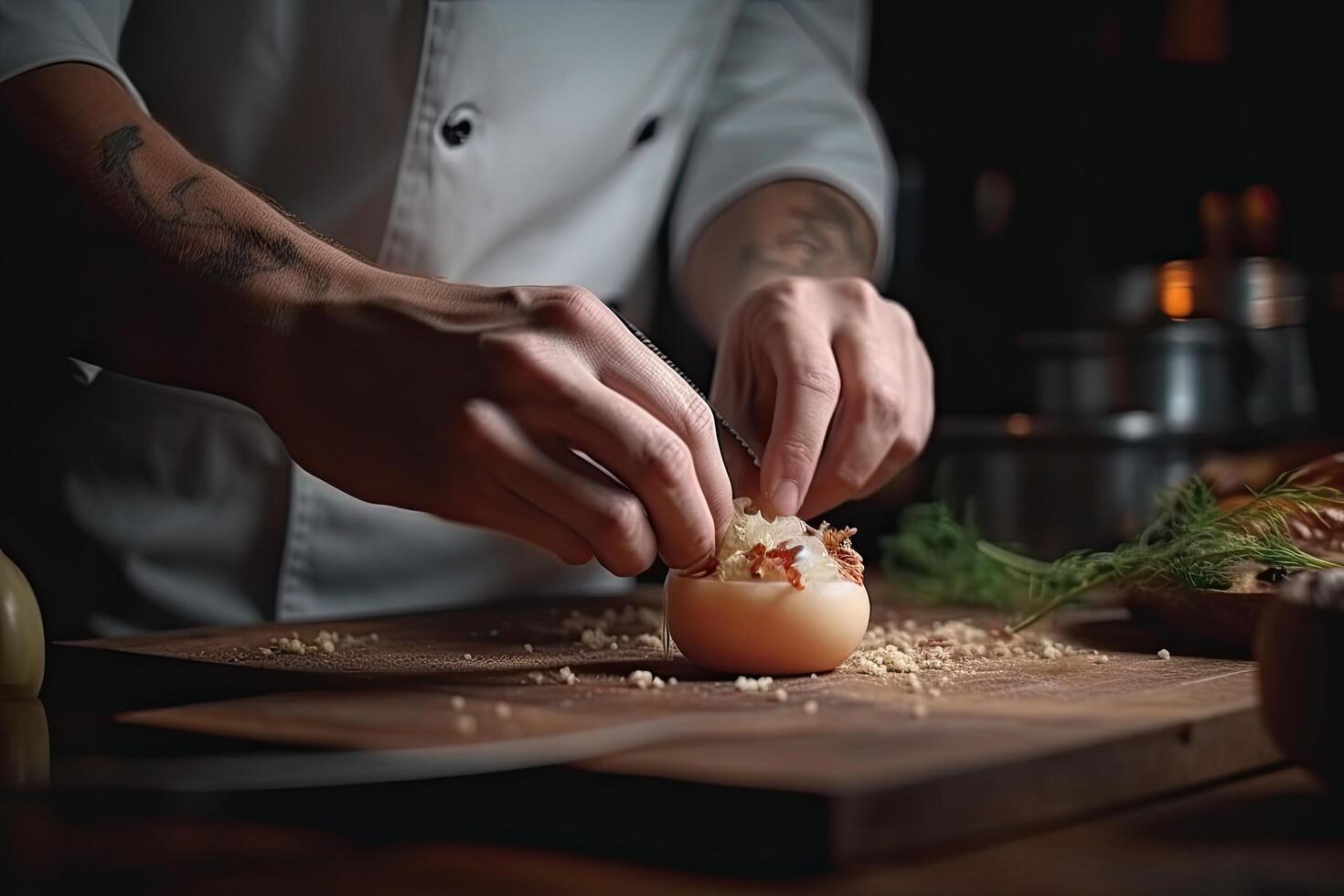 chef voorbereidingen treffen pizza in de keuken, detailopname van handen, koks handen dichtbij omhoog Koken, ai gegenereerd foto