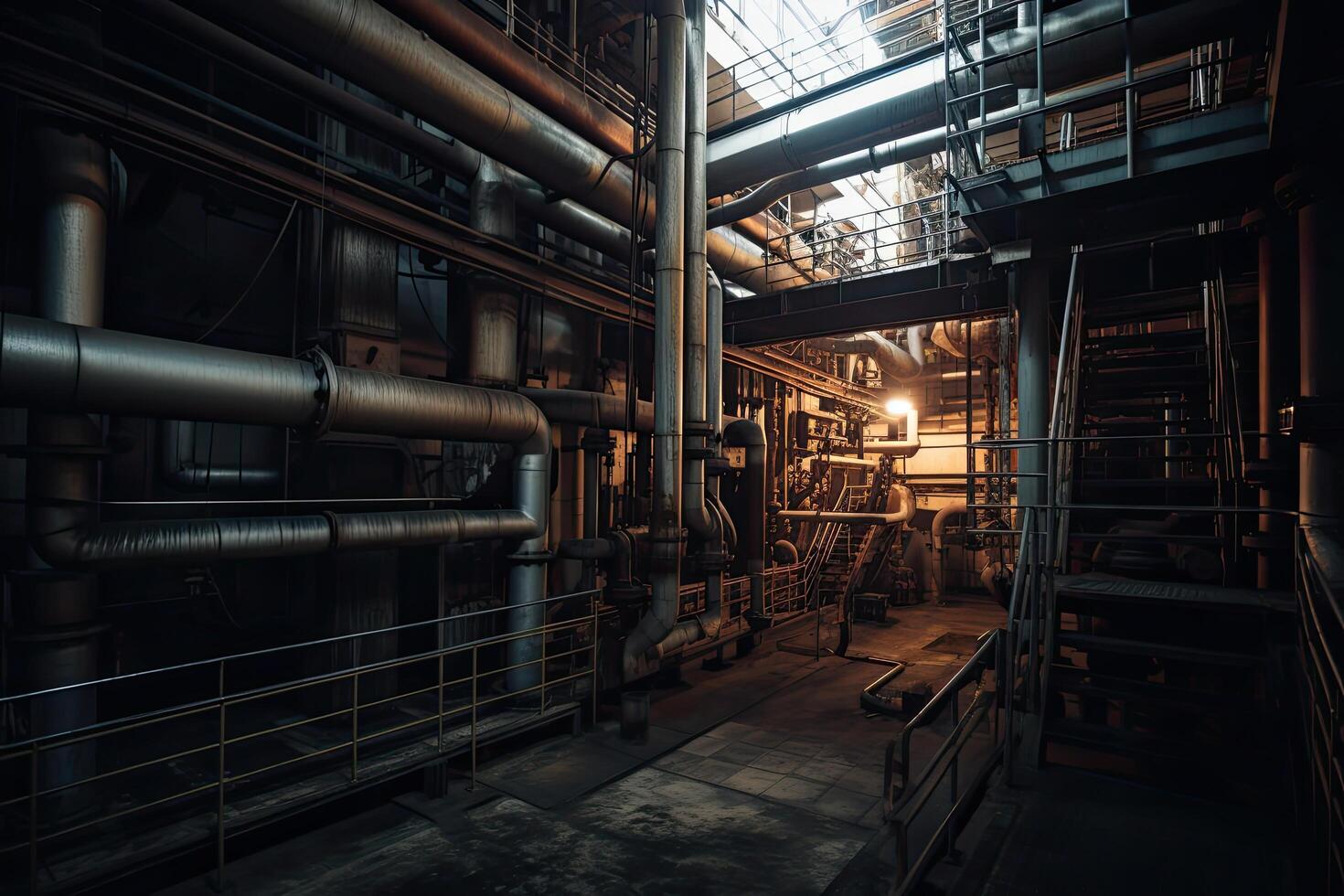 apparatuur, kabels en leidingen net zo gevonden binnen van een modern industrieel macht plant, binnen een industrieel fabriek met metaal pijpleidingen, ai gegenereerd foto