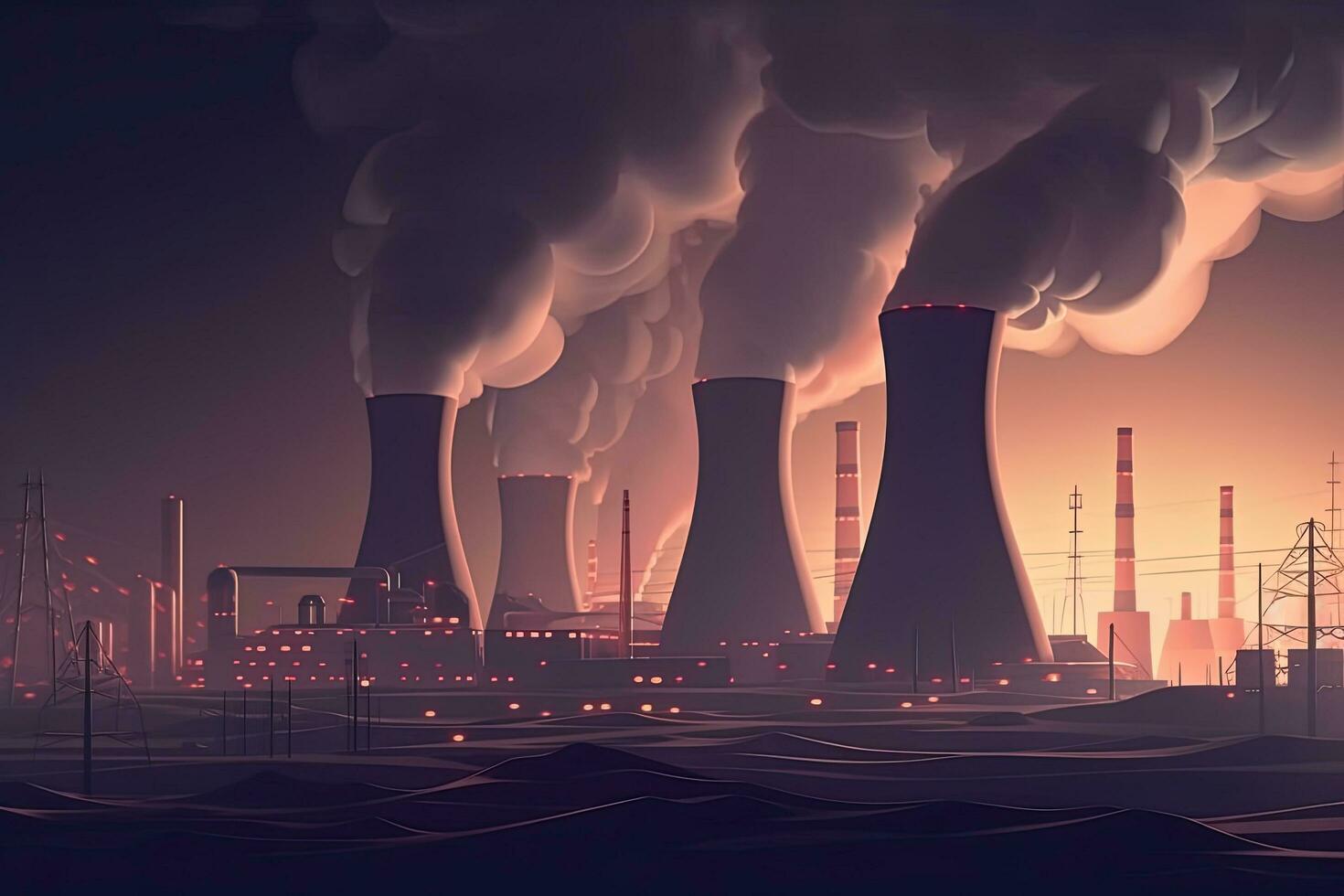 koeling torens van nucleair macht fabriek met rook illustratie. realistisch nucleair macht planten produceren elektriciteit, ai gegenereerd foto