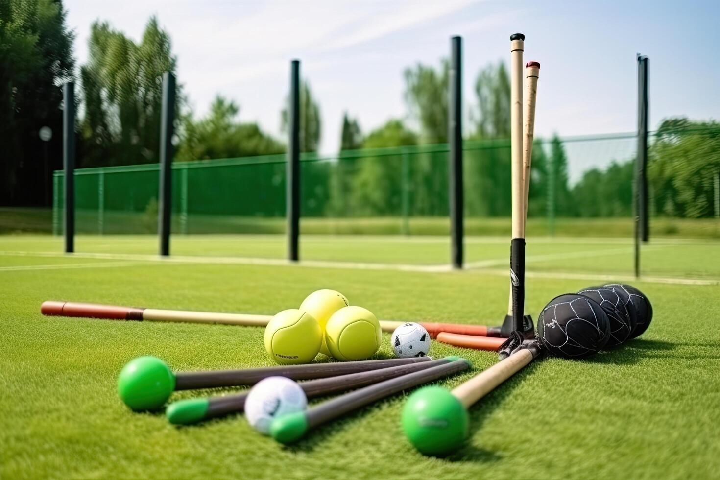 sport- uitrusting Aan de groen gras in de stadion. golf, badminton, golf, croquet. sport- uitrusting Aan een groen veld, ai gegenereerd foto