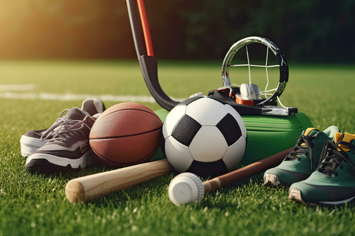 sport uitrusting Aan groen gras. Amerikaans voetbal, voetbal, basketbal, tennis, tennis, basketbal, rugby, Amerikaans voetbal. sport- uitrusting Aan een groen veld, ai gegenereerd foto