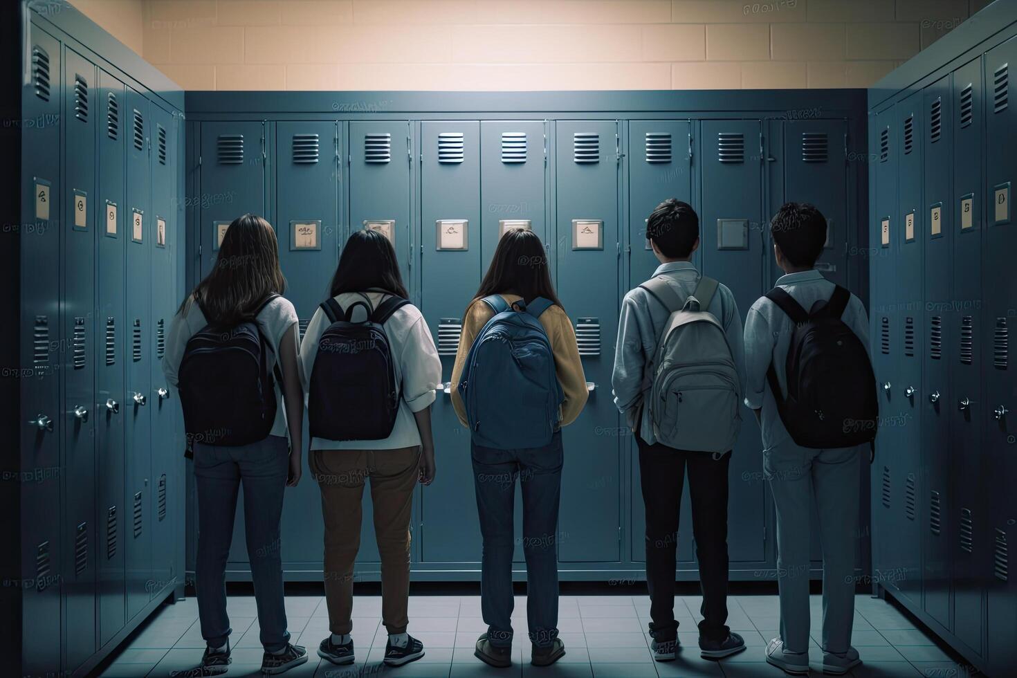 terug visie van studenten staand in een rij in kastje kamer Bij school, tiener- school- kinderen staand in voorkant van kluisje, ai gegenereerd foto