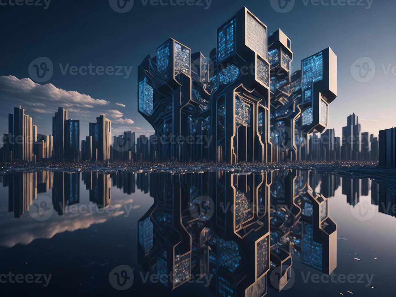 fractal futuristische kubiek stad. ai gegenereerd foto
