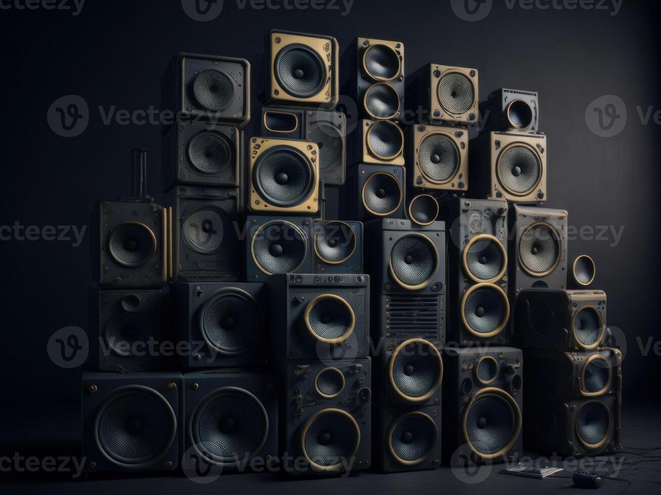 een groot stack van wijnoogst muziek- audio luidsprekers. ai gegenereerd foto