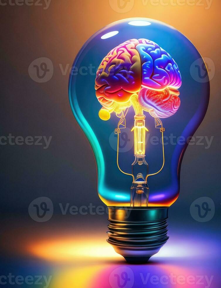 ideeën concept, hersenen binnen de licht lamp Aan kleurrijk achtergrond foto