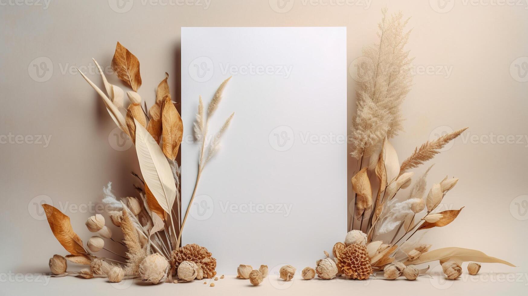 generatief ai, Boheems wit blanco vel papier omringd door natuurlijk droog bladeren en planten, poster bespotten omhoog foto