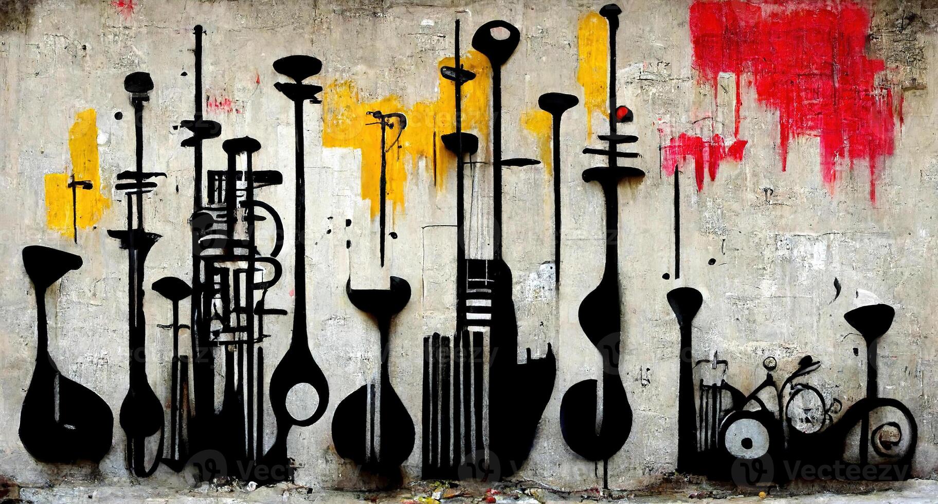 generatief ai, abstract straat kunst met sleutels en musical instrumenten silhouetten. inkt kleurrijk graffiti kunst Aan een getextureerde papier wijnoogst achtergrond, geïnspireerd door banksy. foto