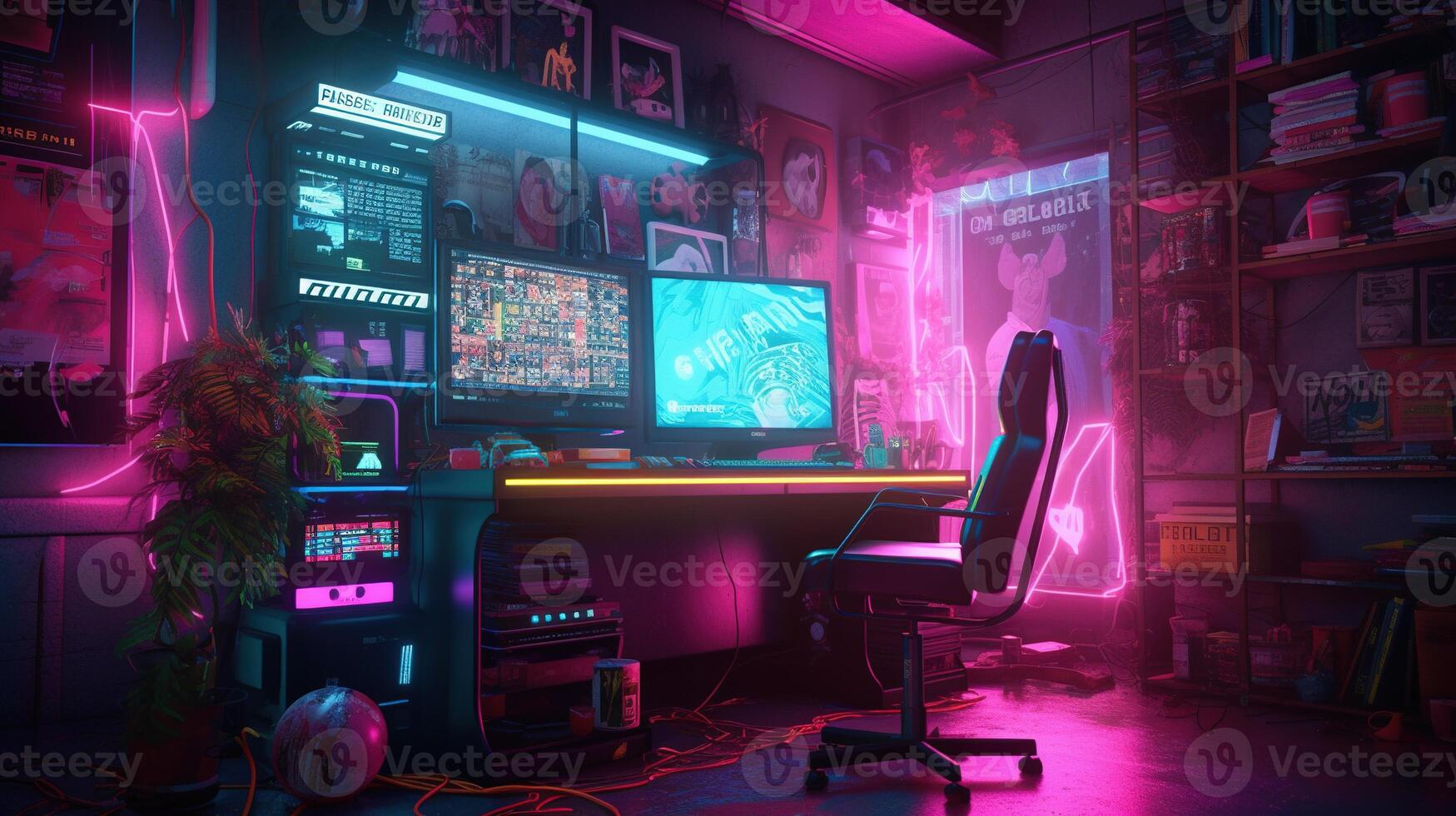 generatief ai, computer Aan de tafel in cyberpunk stijl, nostalgisch jaren 80, jaren 90. neon nacht lichten levendig kleuren, fotorealistisch horizontaal illustratie van de futuristische interieur. technologie concept. foto