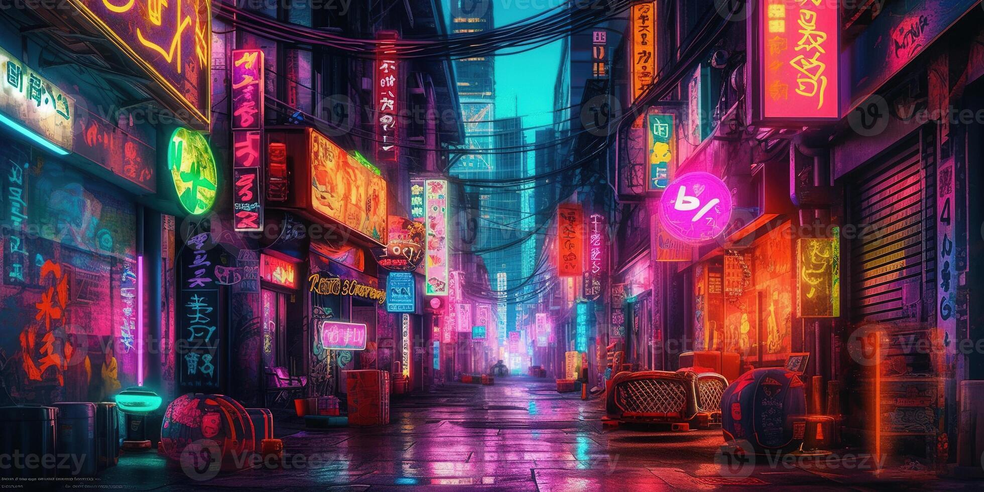 generatief ai, nacht tafereel van groot stad in cyberpunk stijl, futuristische nostalgisch jaren 80, jaren 90. neon lichten levendig kleuren, fotorealistisch horizontaal illustratie. foto