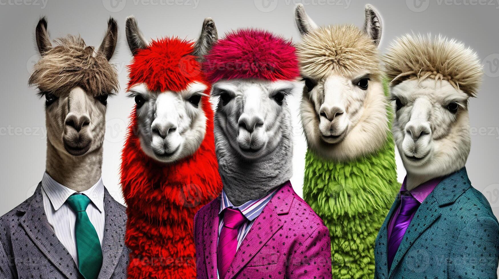 generatief ai, groep van positief verschillend kleuren van alpaca's of lama's, grappig dieren. individualiteit, onafhankelijkheid, denken verschillend, creatief idee, verscheidenheid en inclusief concept. foto