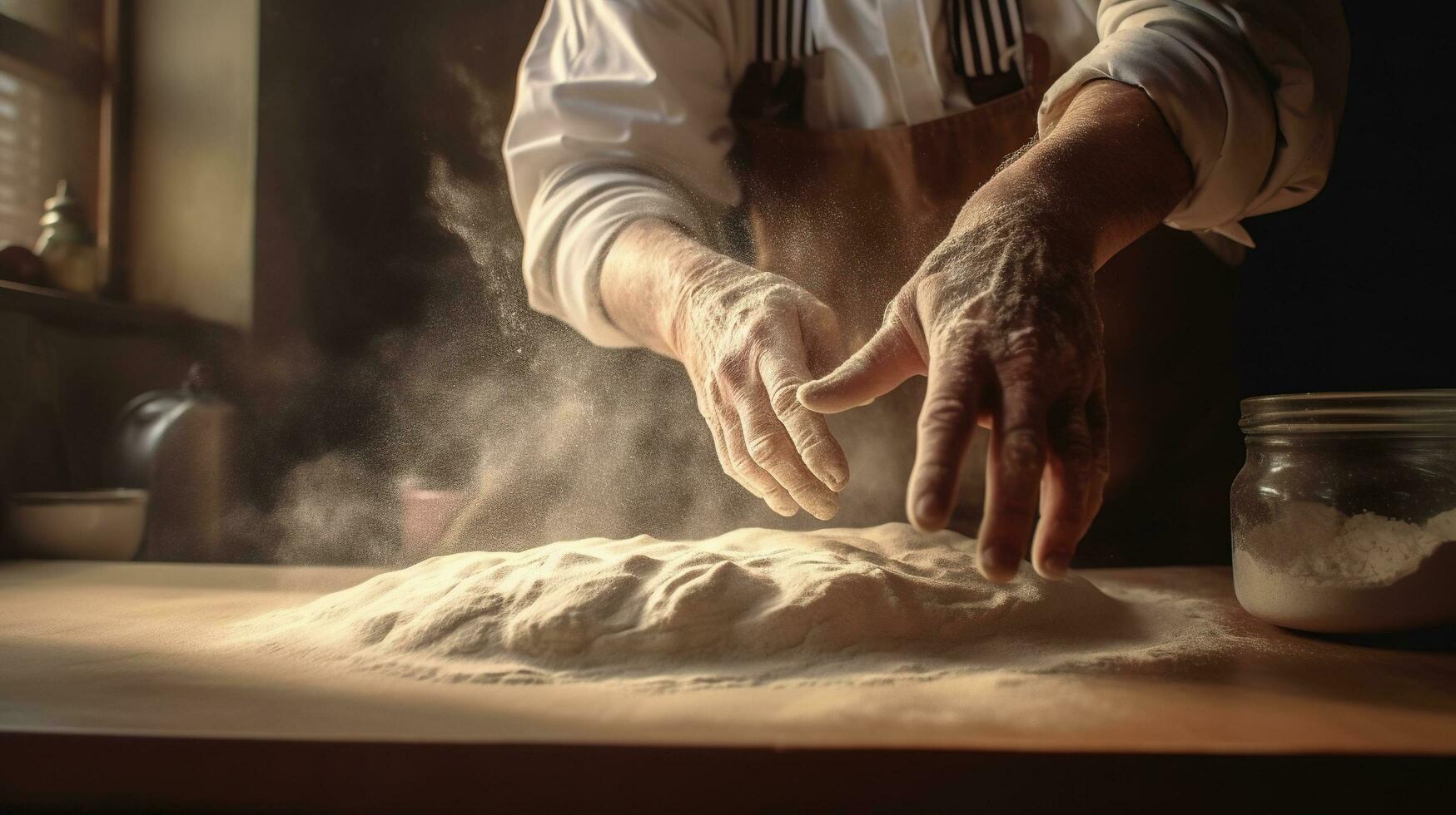 generatief ai, handen van bakker in restaurant of huis keuken, bereidt zich voor ecologisch natuurlijk gebakjes of brood foto