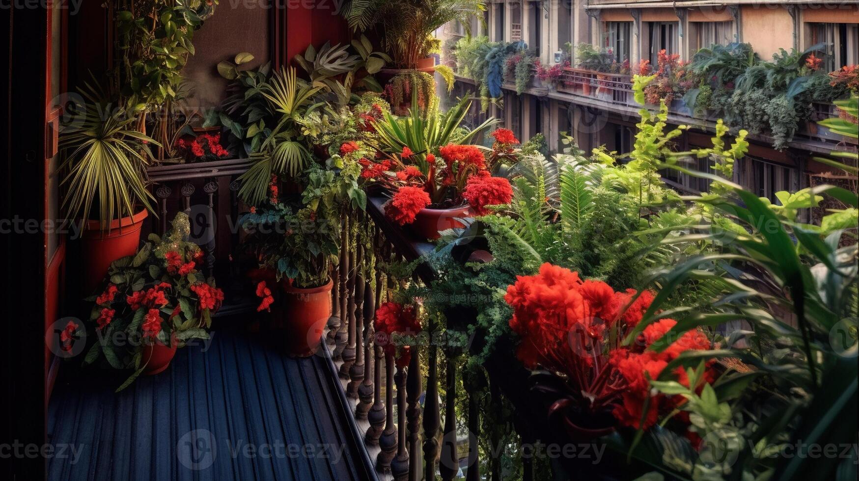 generatief ai, mooi balkon omringd door een tropisch stijl tuin, bloeiend bloemen en groen planten foto