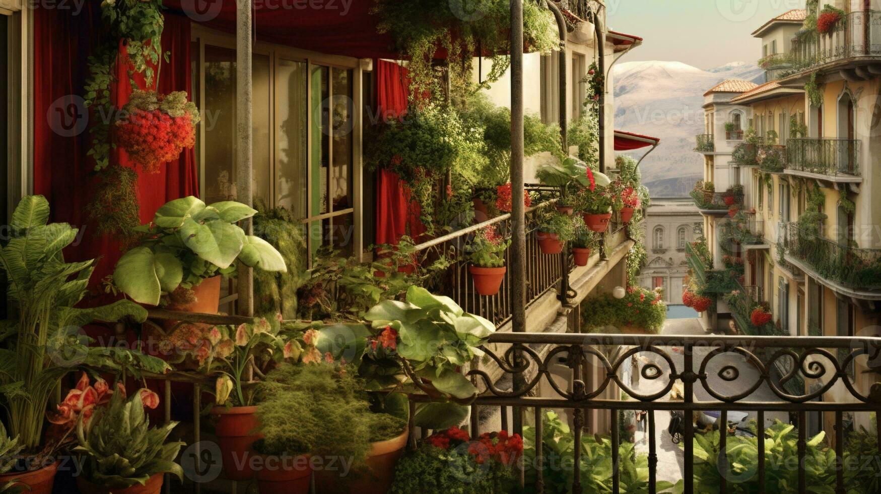 generatief ai, mooi balkon omringd door een tropisch stijl tuin, bloeiend bloemen en groen planten foto