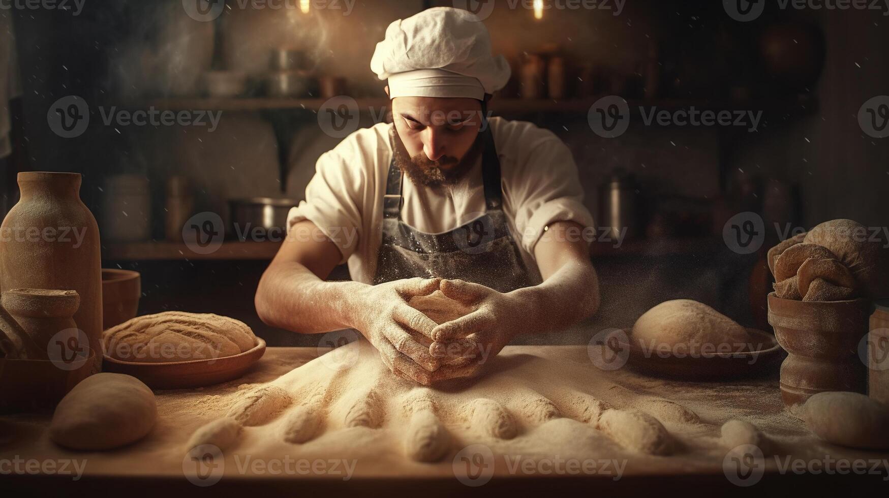 generatief ai, oud Mens handen van bakker in restaurant of huis keuken, bereidt zich voor ecologisch natuurlijk gebakjes. foto