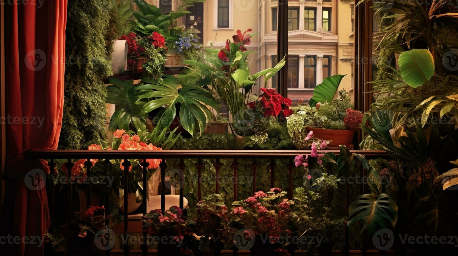 generatief ai, mooi balkon omringd door een tropisch stijl tuin, bloeiend bloemen en groen planten foto