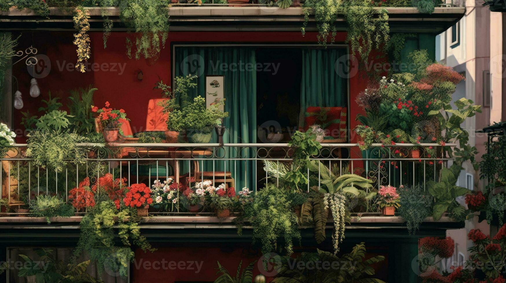 generatief ai, mooi balkon omringd door een tropisch stijl tuin, bloeiend bloemen en groen planten foto