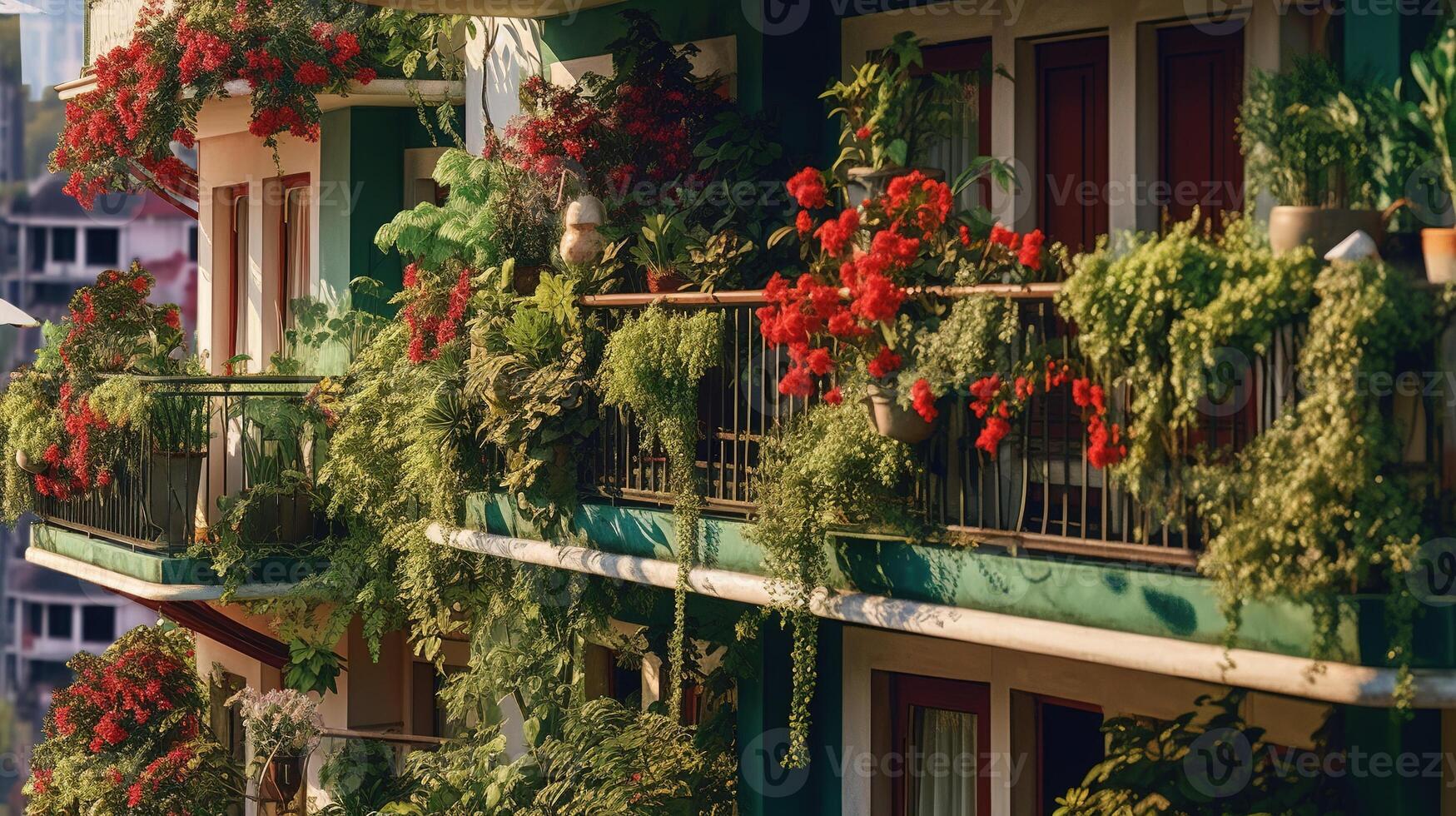 generatief ai, mooi balkon omringd door een tropisch stijl tuin, bloeiend bloemen en groen planten foto