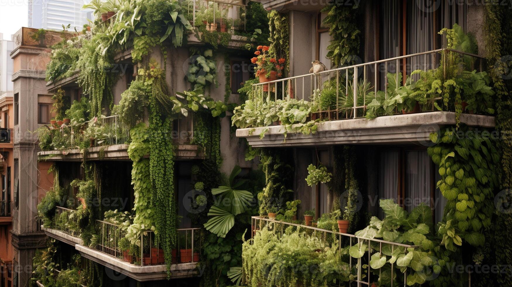 generatief ai, mooi balkon omringd door een tropisch stijl tuin, bloeiend bloemen en groen planten foto