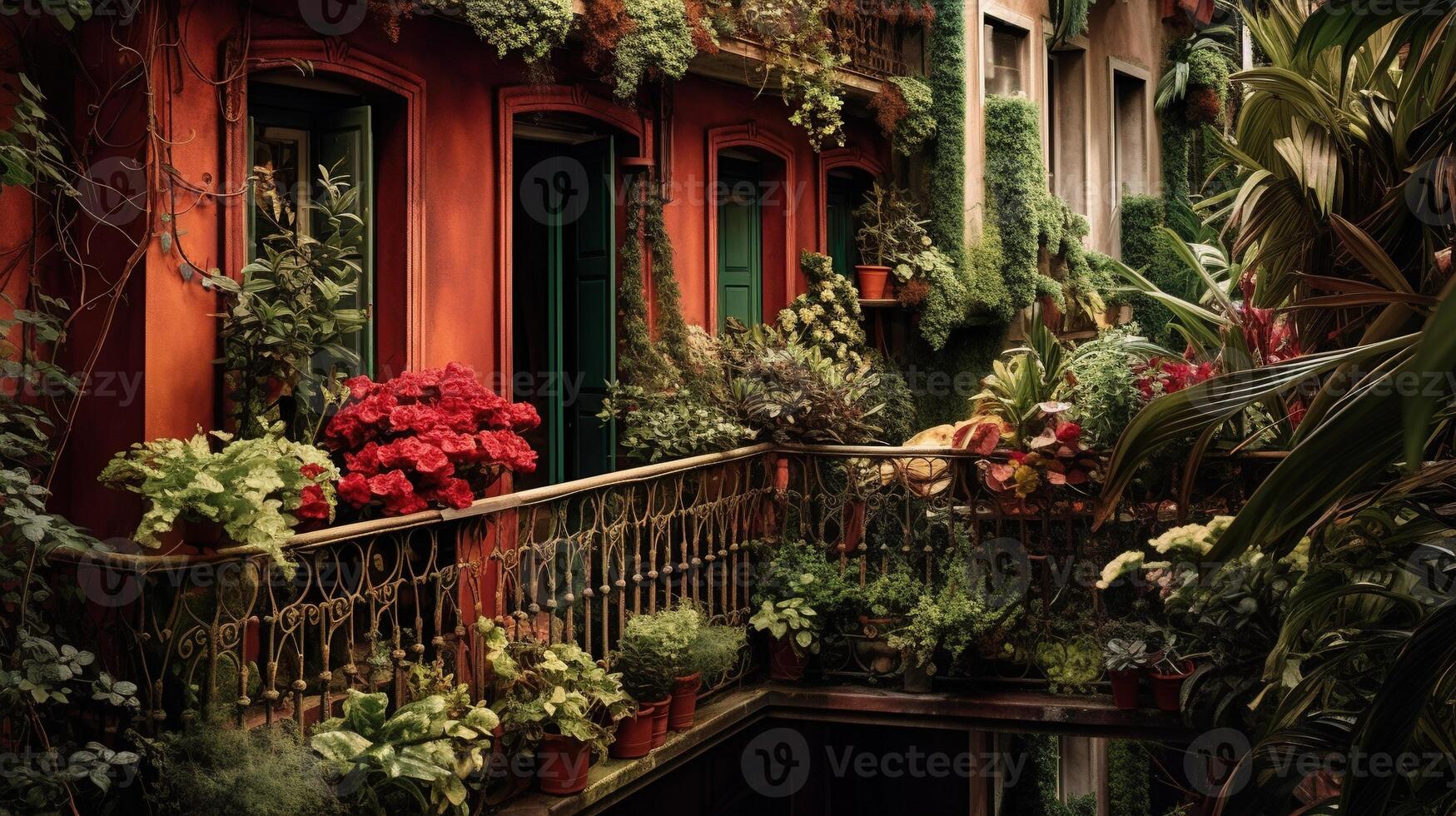 generatief ai, mooi balkon omringd door een tropisch stijl tuin, bloeiend bloemen en groen planten foto