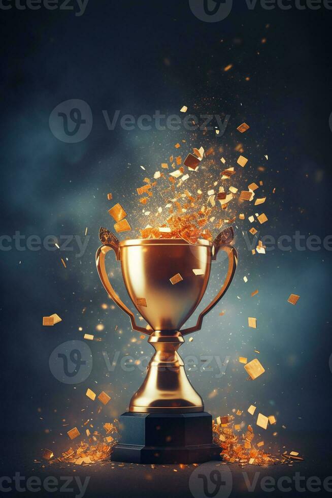 generatief ai, winnaar trofee met vlammen, gouden kampioen kop met vallend confetti Aan donker verticaal achtergrond foto