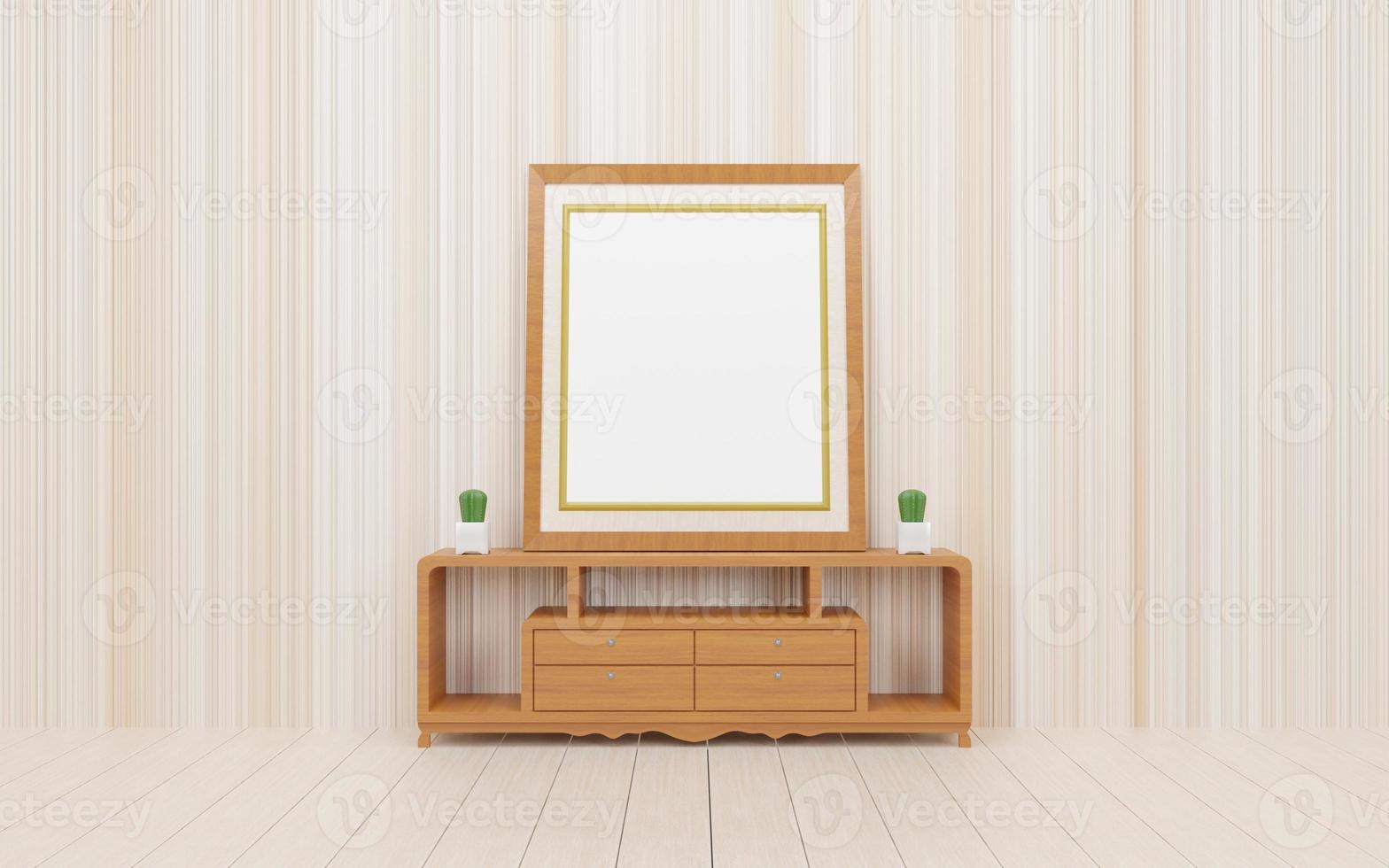 frame mockup met cactus plant houten vloer kaptafel en geometrische muur textuur 3D-rendering foto