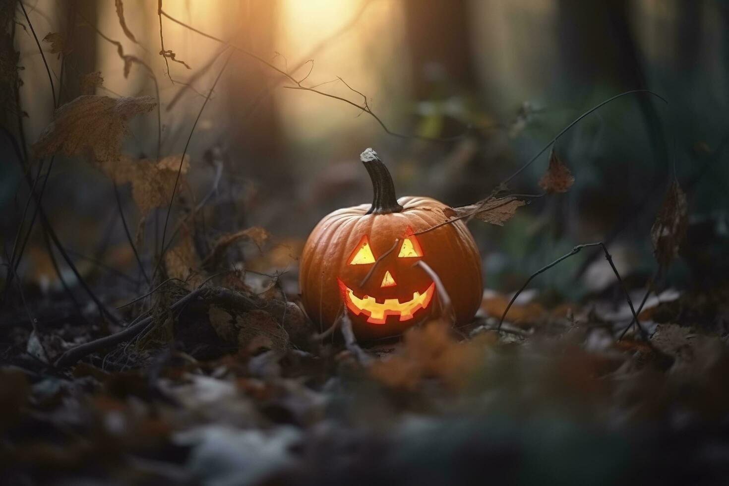 een spookachtig Woud zonsondergang met de achtervolgd onheil gloeiend ogen van jack O' lantaarns Aan de links van een houten bank Aan een eng halloween nacht, genereren ai foto