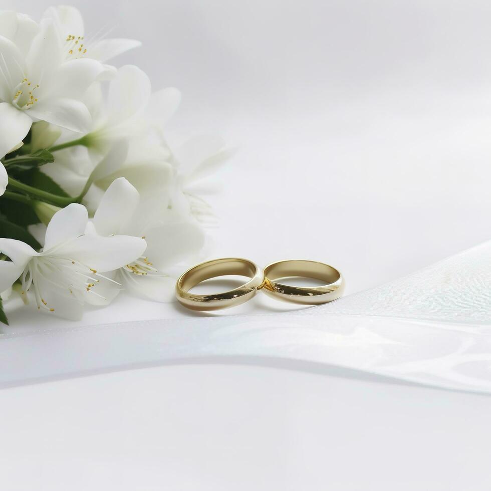 bruiloft ringen Aan bruiloft kaart Aan een wit achtergrond, grens ontwerp panoramisch banier , genereren ai foto