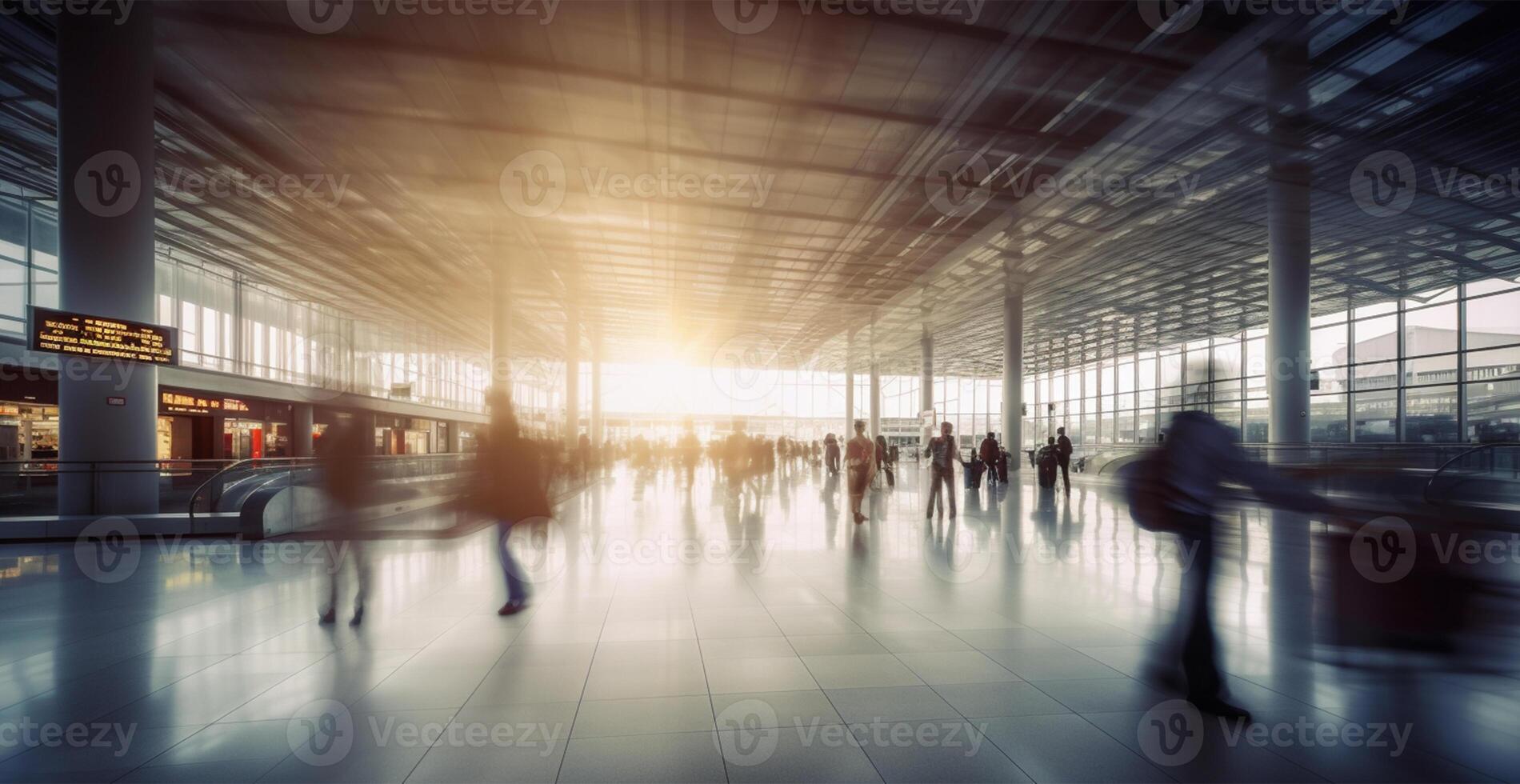 luchthaven gebouw, Internationale terminal, haasten mensen naar land, wazig achtergrond - ai gegenereerd beeld foto