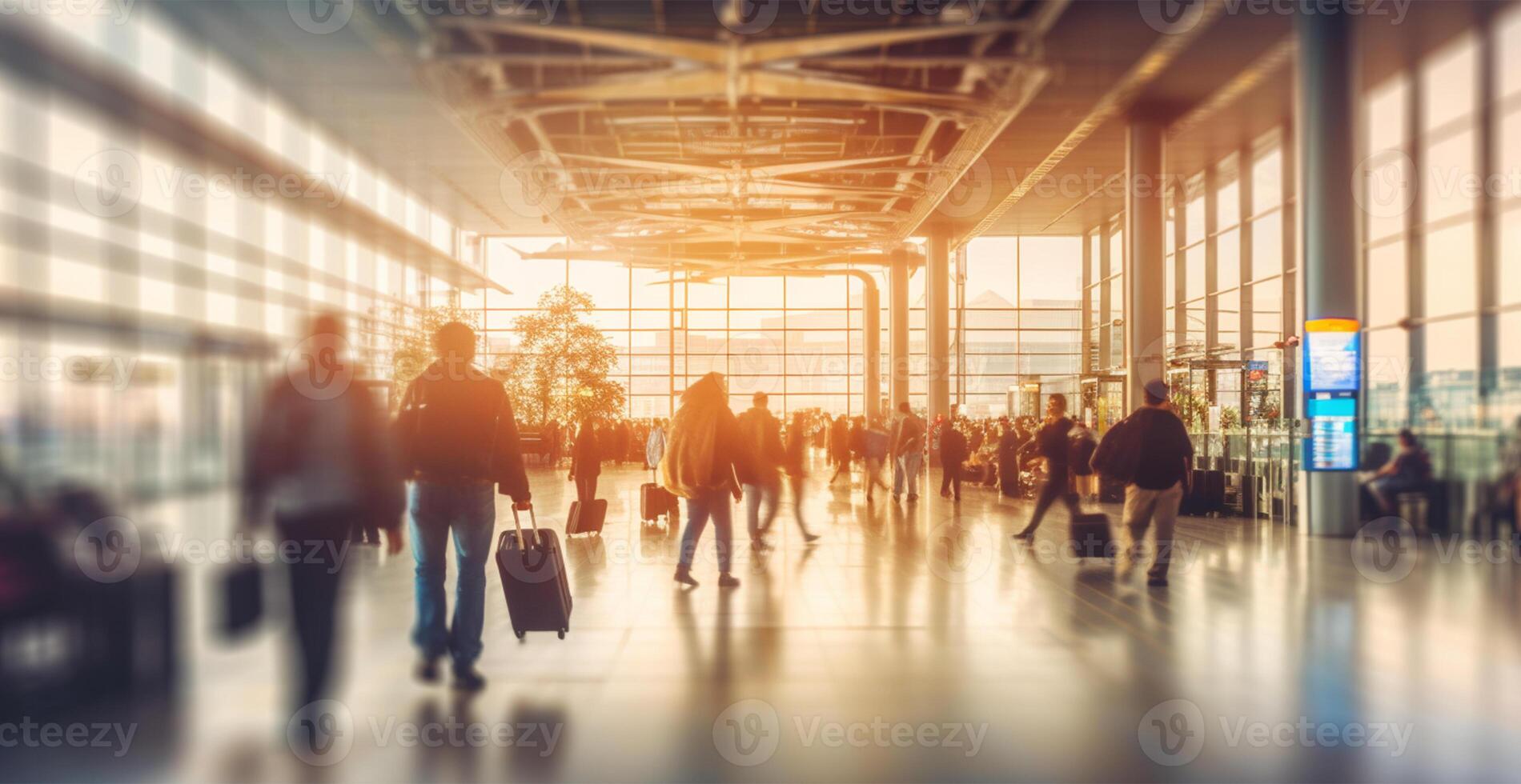 luchthaven gebouw, Internationale terminal, haasten mensen naar land, wazig achtergrond - ai gegenereerd beeld foto