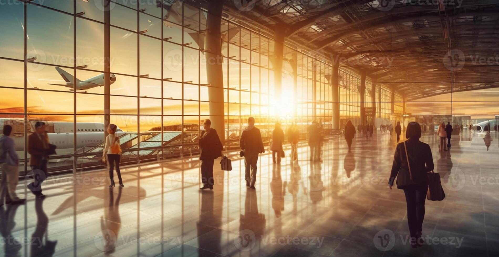 luchthaven gebouw, Internationale terminal, haasten mensen naar land, wazig achtergrond - ai gegenereerd beeld foto