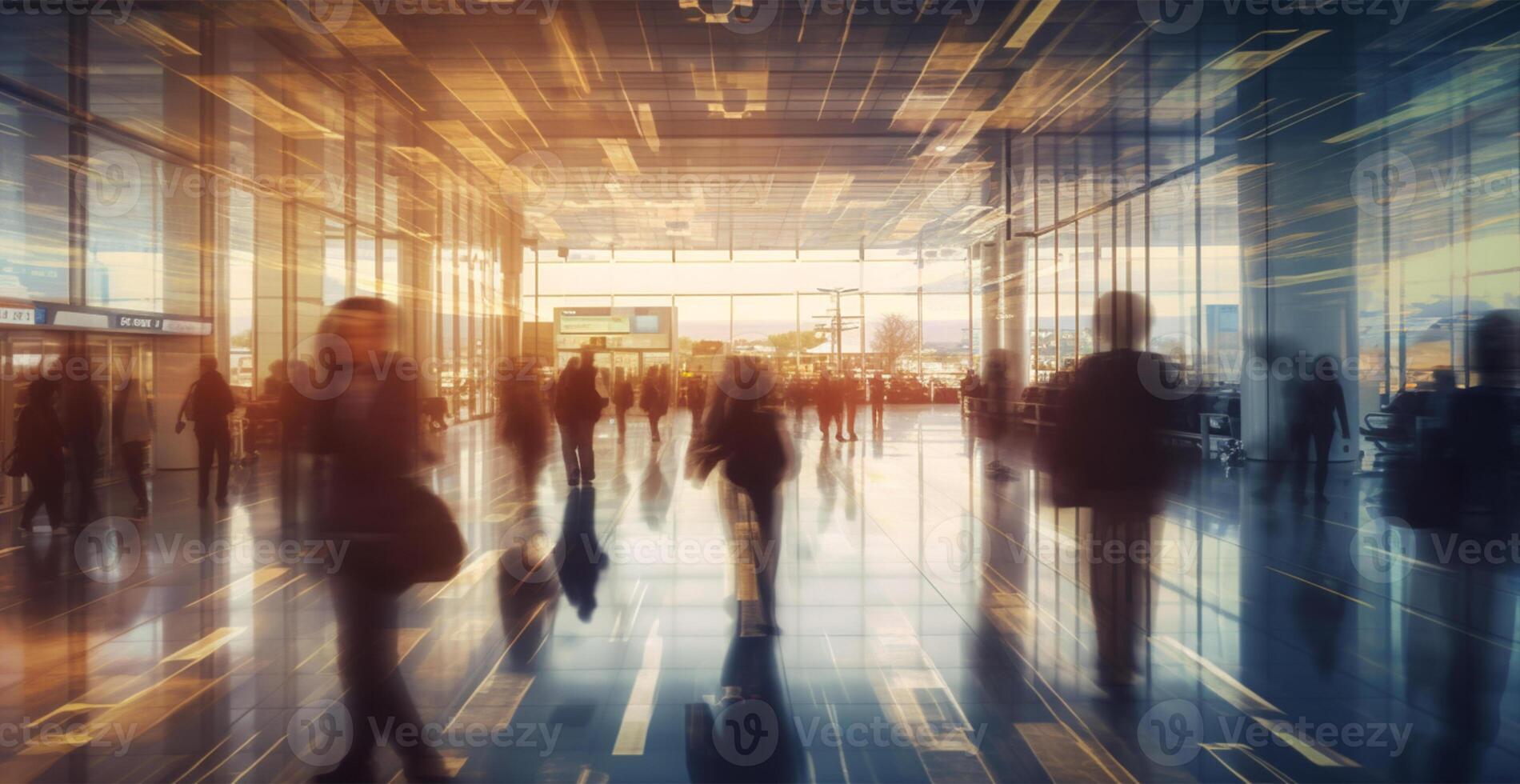 luchthaven gebouw, Internationale terminal, haasten mensen naar land, wazig achtergrond - ai gegenereerd beeld foto