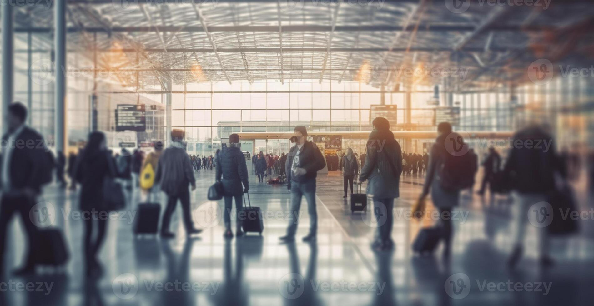 luchthaven gebouw, Internationale terminal, haasten mensen naar land, wazig achtergrond - ai gegenereerd beeld foto