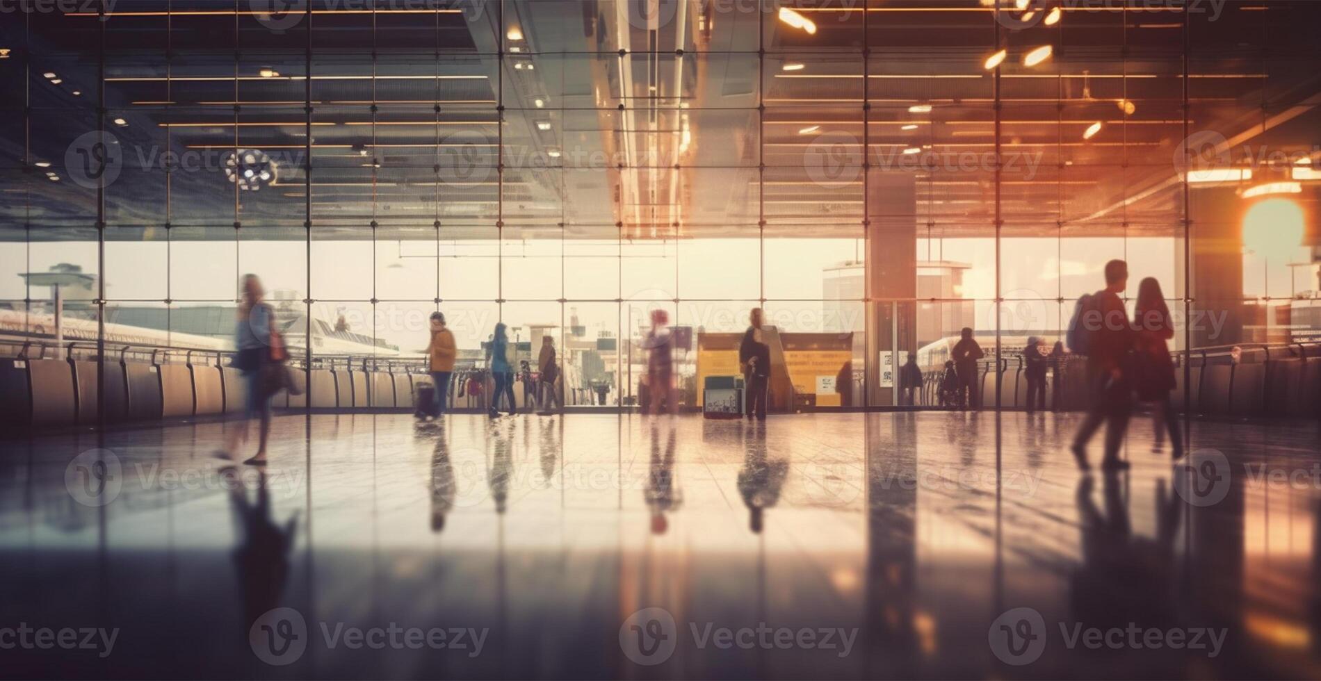 luchthaven gebouw, Internationale terminal, haasten mensen naar land, wazig achtergrond - ai gegenereerd beeld foto