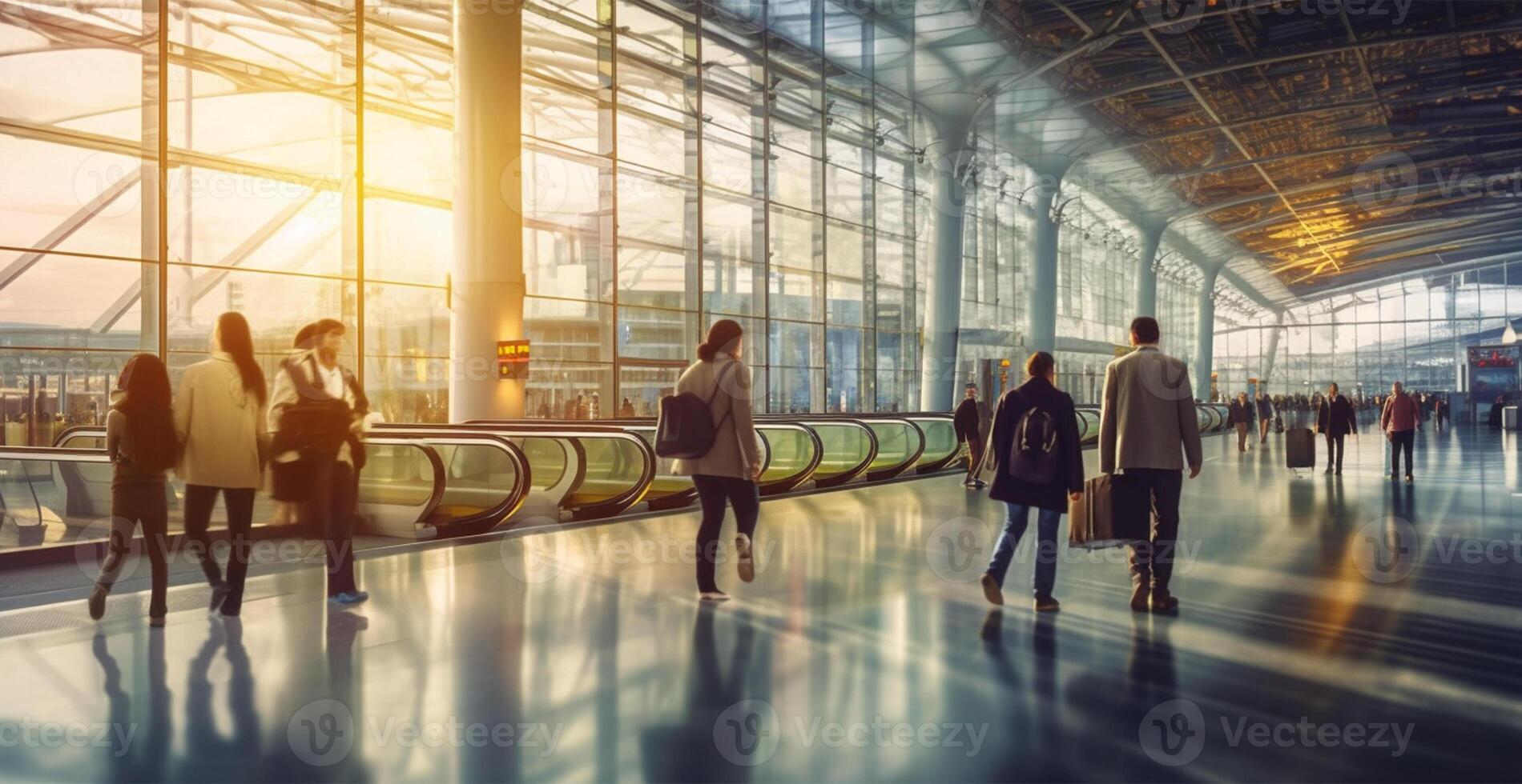 luchthaven gebouw, Internationale terminal, haasten mensen naar land, wazig achtergrond - ai gegenereerd beeld foto