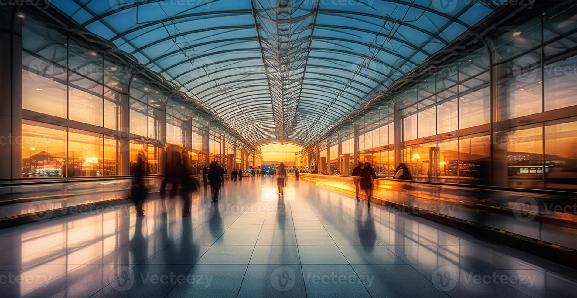 luchthaven gebouw, Internationale terminal, haasten mensen naar land, wazig achtergrond - ai gegenereerd beeld foto