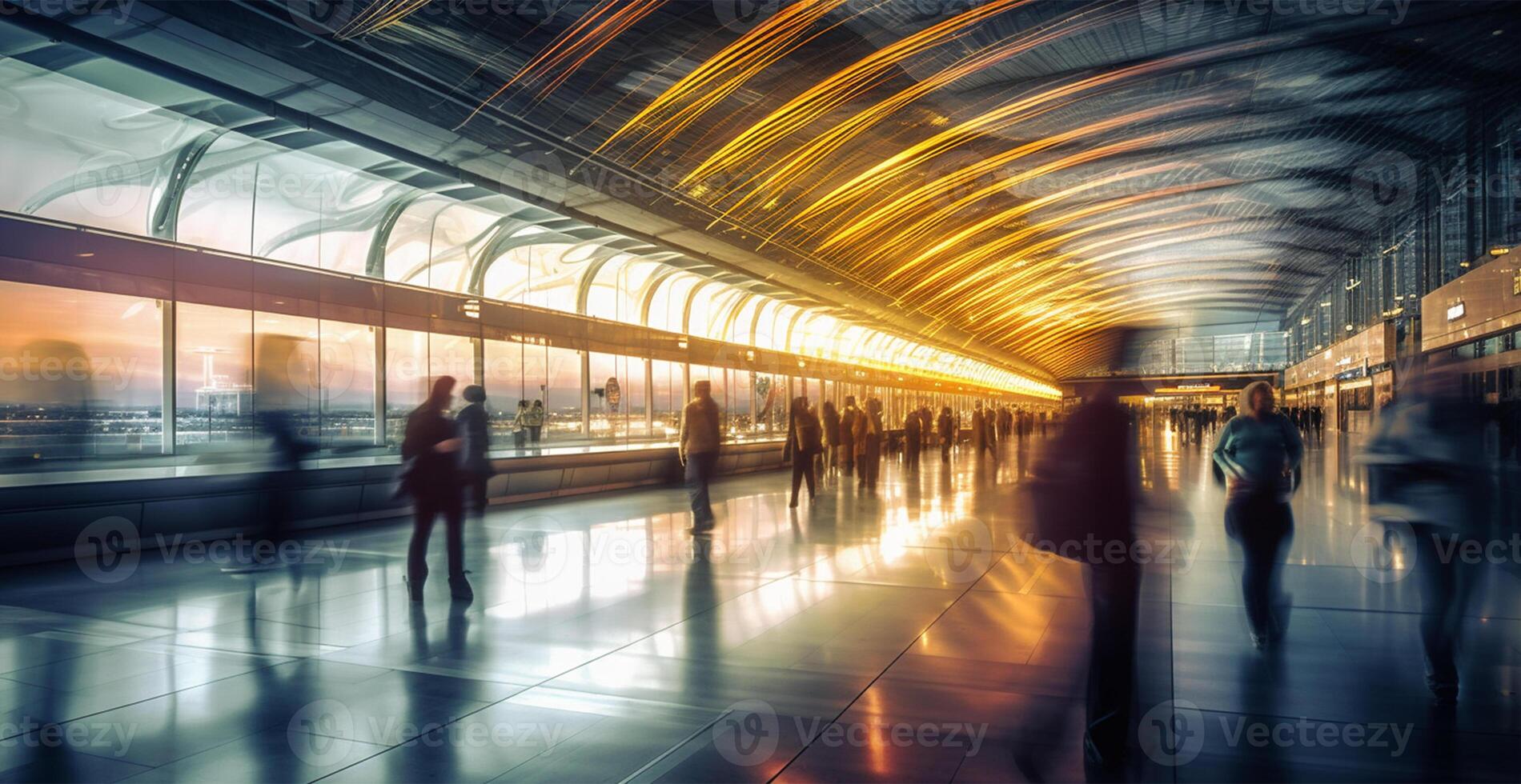 luchthaven gebouw, Internationale terminal, haasten mensen naar land, wazig achtergrond - ai gegenereerd beeld foto