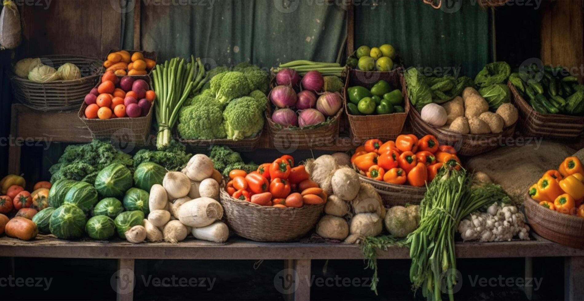 groente boeren markt kraam, kleurrijk divers vers biologisch gezond groenten - ai gegenereerd beeld foto