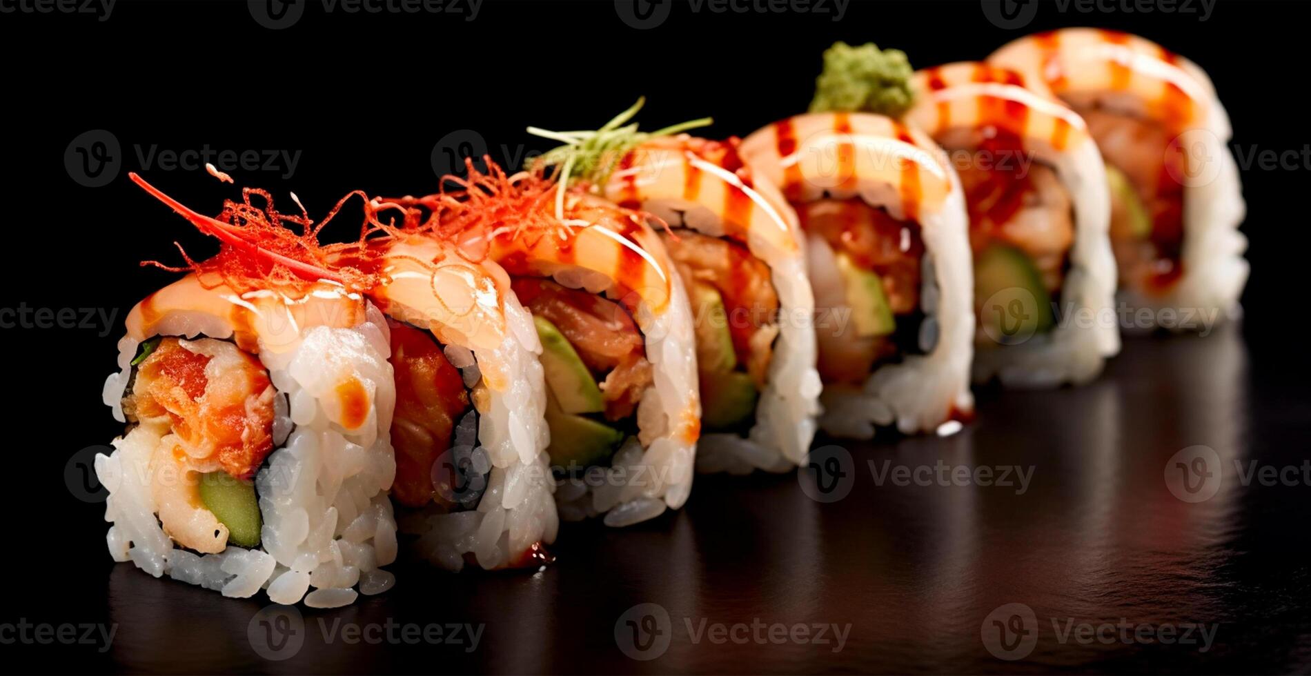 broodjes met Zalm, avocado, tonijn en komkommer Aan een donker achtergrond. Japans keuken - ai gegenereerd beeld foto