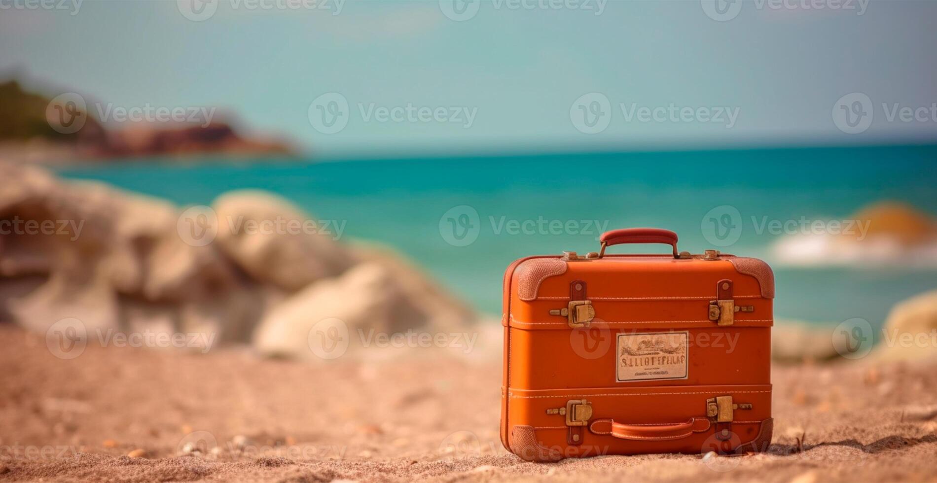 zomer reizen en toerisme, helder koffer Aan een mooi zanderig strand. vakantie reizen - ai gegenereerd beeld foto